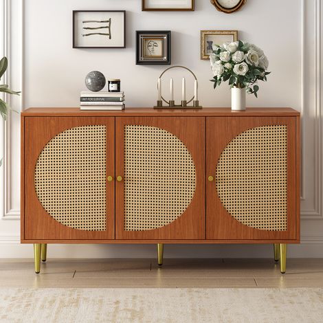 Buffet - - 3 portes rotin - Noyer - 129.8x40x76cm (1/5)
