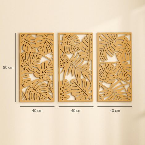 Décoration murale 3D en bois naturel, 3 pièces, 40 x 80 cm, motif feuilles tropicales. (1/5)