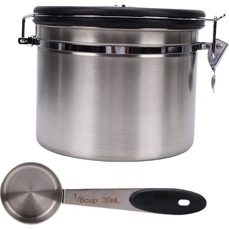 Boîte Café 2.5L Étanche Inox Container Rangement Aliments Cuisine – Avec Couvercle Suivi Date Cuillère Mouture Grains Thé Valve Unidirectionnelle, Argent (1/5)