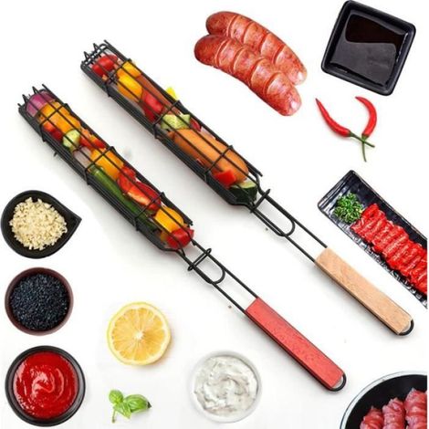 4 Panier barbecue, acier inoxydable, poignée bois, maille dense, légumes viande fruits de mer, gaz charbon fumoir (1/4)