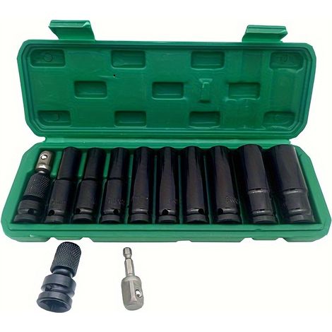 Coffret de 11 douilles à chocs 1/2" (10-24 mm) en acier au carbone – adaptateur + coffret de rangement – idéal pour les mécaniciens automobiles et les bricoleurs