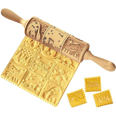 Rouleaux à pâtisserie, rouleau à pâtisserie en relief 14 pouces rouleau à pâtisserie de Noël en bois pour pâte tampons à biscuits de Noël gravés en 3D outils avec poignées pour la cuisson en cuisine (1/5)