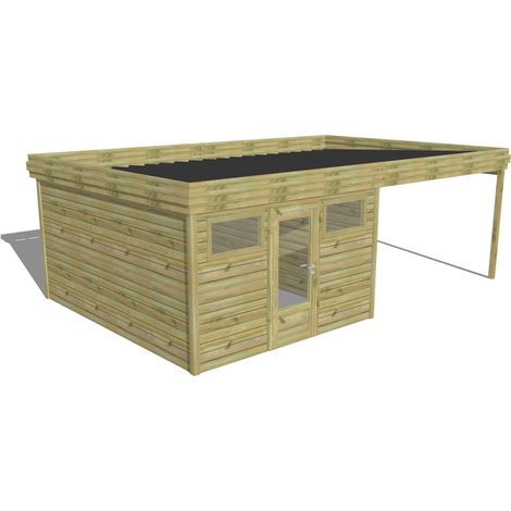 ABRI DE JARDIN bois Pin autoclave 27mm - 6,94x4,34m / 30,1m2 - Bac acier - Abri Français (1/5)