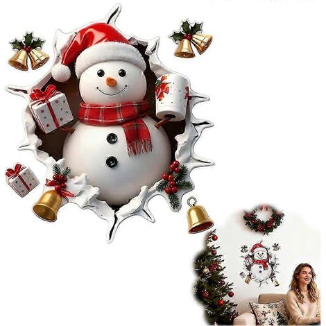 Sticker mural 3D représentant le Père Noël défonçant un mur, autocollant mural en vinyle pour les fêtes