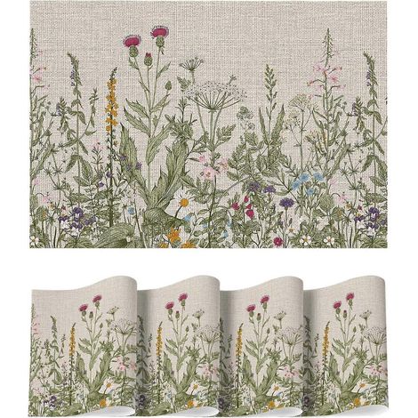 Ensemble de 4 sets de table en vinyle à motif fleurs sauvages, lavables et antidérapants, en PVC, pour une décoration printanière dans la cuisine ou la salle à manger, 30 x 45 cm. (1/5)