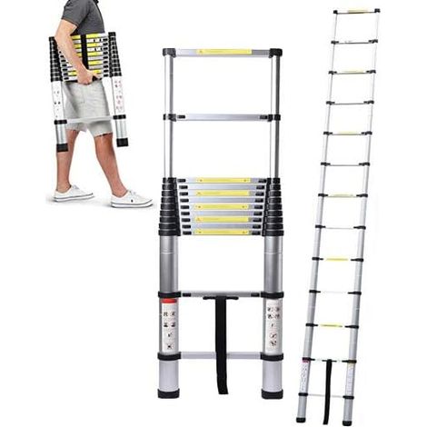 Échelle Télescopique 3.8M en Aluminium Bricolage Pliable Extensible Unique Droite Multi-Fonction Ladder Charge 330lbs (150 kg) (1/5)