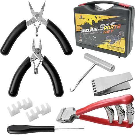Set aus 5 Badminton-Besaitungswerkzeugen mit Anreißzange, Saitenhaken, Spitzzange und Fliegerzange.