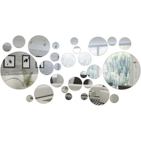 Lot de 32 miroirs muraux ronds en acrylique, amovibles, pour la maison, la salle de bain, le salon, la chambre à coucher, le fond TV, argentés