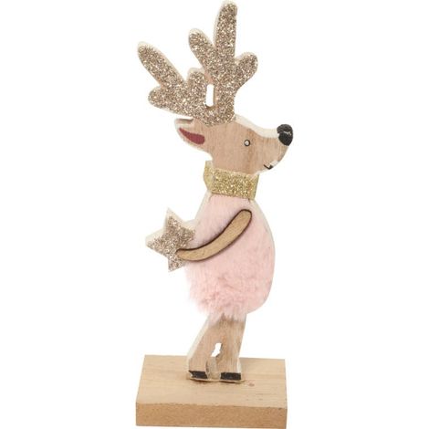 Renna rosa - Statuetta in legno con pelliccia e paillettes 16x6 cm (1/2)
