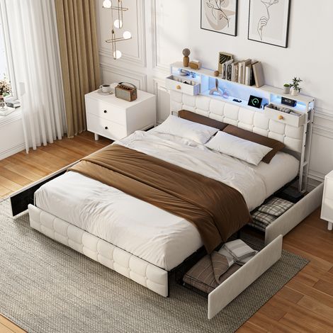 letto 160x200, letto contenitore 160x200 con 4 cassetti, letto matrimoniale con cassetti e LED, letto imbottito in velluto con testiera contenitore, 2 cassetti da comodino, USB e Type-C, beige