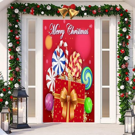 Décoration de porte de Noël, autocollant de porte, tissu décoratif à suspendre, toile de fond pour décoration de fête, décoration de porte de chambre - 90 x 180 cm (perforé + ruban) - 10
