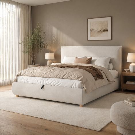 Letto matrimoniale imbottito 180x200 cm con rete, testiera e contenitore idraulico, crema (1/5)