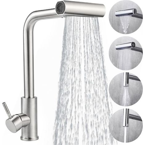 Robinet Cuisine avec Douchette Mitigeur à 4 Modes de Débit, Rotation à 360°, Finition Brossée Acier Inoxydable (1/5)