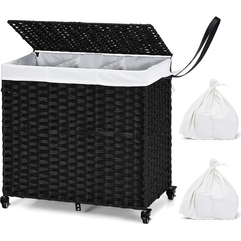 COSTWAY Laundry Hamper 125L 3-Section Laundry Basket w/Lid & Wheels-Black (1/5)