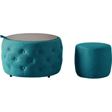 Set de 2 pufs contenedores redondos apilables de terciopelo con bandeja de madera, azul MODENUIT (1/5)