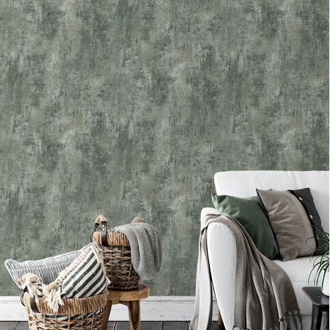Plain Jade Green Distressed Stone Concrete Effect Cove Texture Wallpaper (1/3)