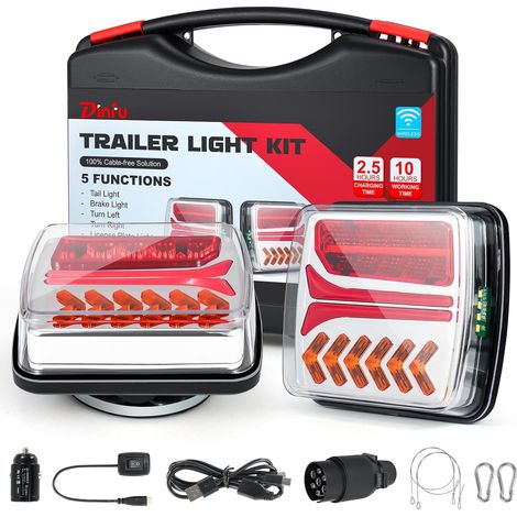 feu remorque sans fil avec base magnétique, 12 V-24 V kit de feux arrière LED avec prise 7 broches + chargeur USB + corde anti-perte pour Auto, Camion, Tracteur, Remorque et Caravane (1/5)