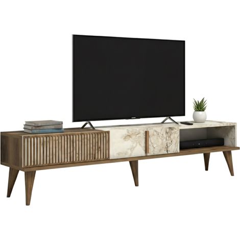 Dmora - Fernsehschrank Aquila, Ständer für Wohnzimmerfernseher, Niedriges Wohnzimmer-Sideboard, TV-Ständerbasis, 180x35h40 cm, Walnuss und Weiß, mit verstärkter Verpackung