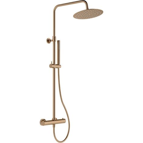 Swiss Aqua Technologies Columna de ducha Aurum con mezclador termostático + teleducha de 2 chorros + ducha mural, oro rosa cepillado (SATSSTKAURBRG)