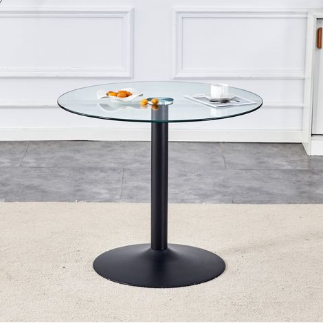 REDOM - Table ronde 85x85x76 cm, plateau en verre trempé, base métallique stable, verre et métal, noir transparent (1/5)