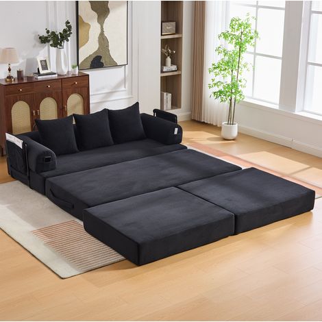 Divano modulare con pouf, velluto a coste, nero, 200 x 190 x 67 cm, con 3 cuscini HAVRYA (1/5)