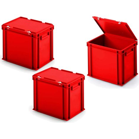 BRB 3 boîtes Euro en Plastique avec Couvercle à Charnière - Dimensions : 400 x 300 x 330 mm - Rouge (1/3)