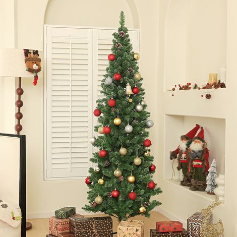 Sapin de Noël artificiel fin 180 cm, arbre conifère étroit avec pied en métal repliable, 618 brins de verdure, teinte verte (1/5)