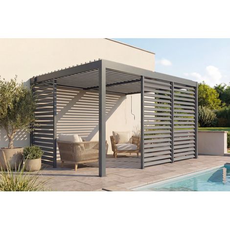 Pérgola bioclimática adosada PIANA de 4x3 m en aluminio gris con 3 contraventanas para mayor privacidad.