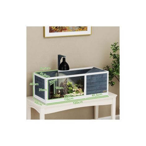 Enclos à tortues gris en bois avec deux abris, toit ouvrant, support de lampe et façade transparente pour jardin et terrasse (1/5)