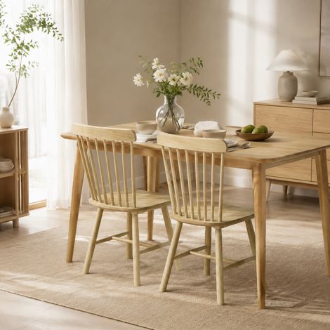 Lot de 2 Chaises de Salle à Manger, Chaises Cuisine en Bois d'Hévéa, Dossier Incurvé, Bords Arrondis, Bois Naturel (1/5)