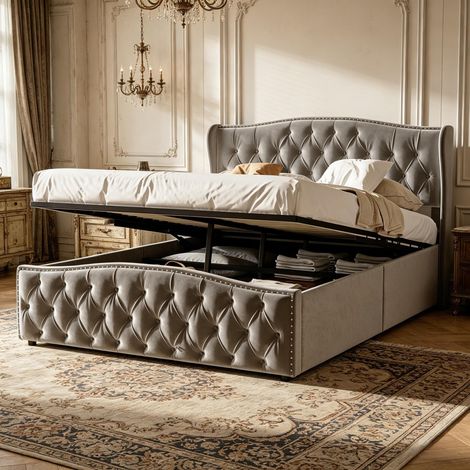Lit 140 x 200 avec sommier,lit 140,Lit 140x200,cadre de lit,Lit double 140x200,tête lignes ondulantes,rivets décoratifs,Velours,Gris
