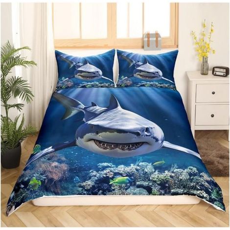 Housse de Couette - 200x200 cm - Enfant - Imprimé Requin et Poisson - Microfibre Polyester - Bleu Océan - 1 Pièce (1/2)