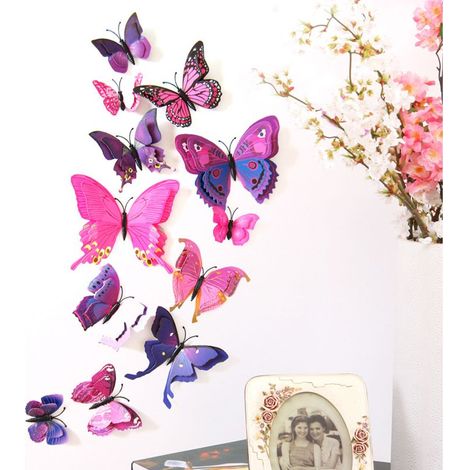 Violet,12 Pcs 3D Papillon Stickers Muraux Décoration Papillon pour Fête, Chambre, la Décoration de Gâteau, pour Filles et Garçons (1/5)