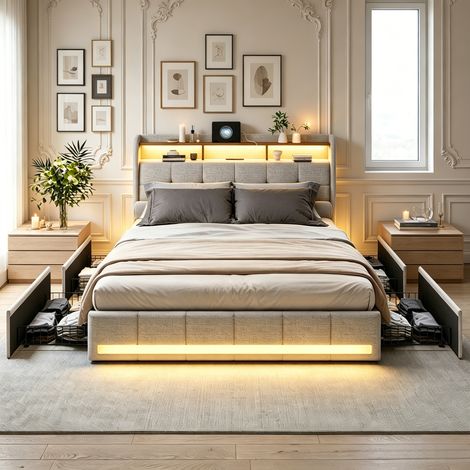 JOOKGBD-Polsterbett Doppelbett 140x190 cm,Jugendbet,Bett mit Bettkasten Lattenrost,4 Schubladen,Kopfteil mit LED und USB Ladefunktion,Multifunktionales Bett,Leinen,ohne Matratze,Beige
