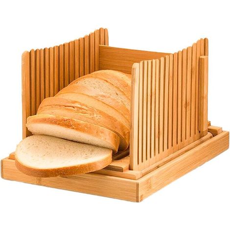 Bread Slicer - Bamboo Wood - Adjustable Thickness Guide - Foldable With Crumb Tray - For Homemade Bread Cakes Bagels - 1 Unit
