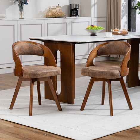 Set 2 sedie da pranzo girevoli a 360°, sedie moderne in legno con cuscino in cotone-lino e schienale curvo, poltroncine per cucina, caffetteria e soggiorno - Marrone