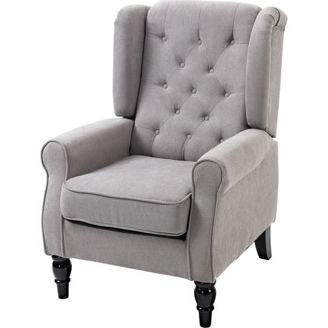 Fauteuil de salon capitonné assise large, pieds en bois style classique, grand confort, 74 x 86 x 102 cm, gris (1/4)