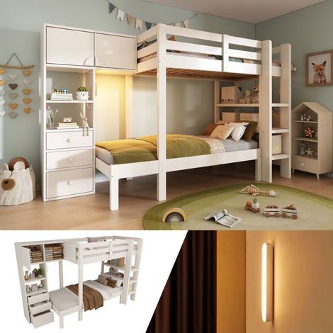 Lit superposé - SOGEU - 90x200 - Bois massif - Rangement intégré - Veilleuse LED détecteur (1/5)