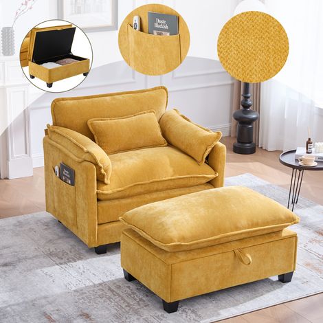 Fauteuil surdimensionné repose-pieds tabouret velours poches latérales coussins salon chambre appartement naturel