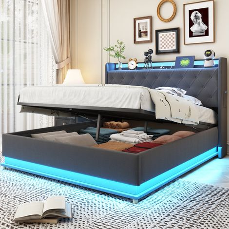 lit adulte lit coffre USB 140x200 gris chambre OKMYHOME (1/5)