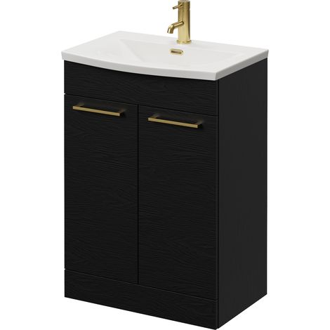 Napoli 390 Nero Oak 600mm 2 Door Vanity Unit with Arc Basin - 600mm - Brushed Brass 160mm Handle