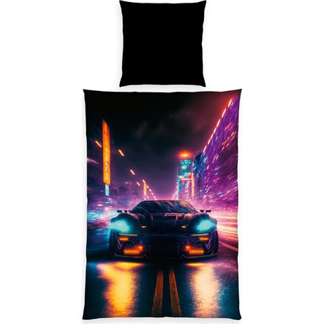 Parure de Lit Neon Car, Young Collection, Taie d'Oreiller 80 x 80 cm motif réversible, Housse de Couette 135 x 200 cm, avec Fermeture éclair, 100% Polyester/Microfibre (1/5)