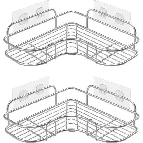 Stainless steel wall shelf for bathroom with 2 self-adhesive hooks.