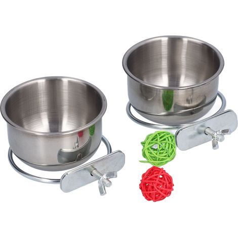 Bol en acier inoxydable pour nourrir les perroquets, bol pour l’eau avec boules en rotin (spécifications du fournisseur : 2 bols + 2 boules en rotin) (1/4)