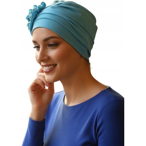 Turbante de mujer Dalia de algodón azul claro, elegante, con estilo y cómodo. (1/5)