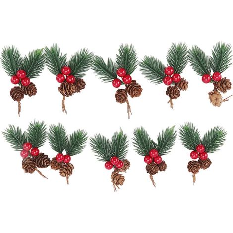 Pics de noël, 10 pièces, pomme de pin, baies rouges, aiguille, décorations artificielles délicates (1/5)