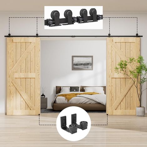 244cm (8 feet) Sliding Door Hardware Barn Kit Closet Accessory with Roller Rail for Double Door, Contains Adjustable Floor Guide (1/5)
