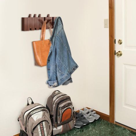 Porte-manteau en bois style piano avec crochets, organisateur mural moderne pour entrée, idéal pour chapeaux, sacs et vêtements. (1/4)