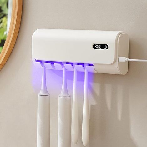 Esterilizador UV para cepillos de dientes con soporte para 5 cepillos  Montaje en pared, función de secado (1/5)