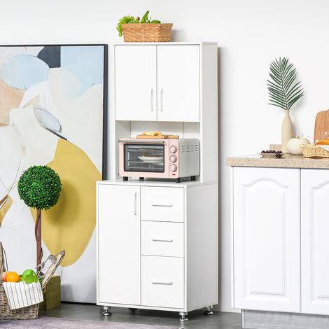Aparador alto de cocina, mueble de cocina con 3 puertas, 3 cajones y encimera, 60 x 40 x 160 cm, blanco (1/5)